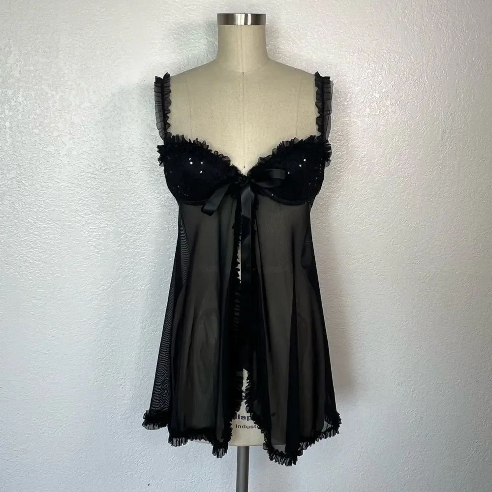 NWOT VS Victoria’s Secret black sparkle ruffle teddy Y2K mini slip dress 36B